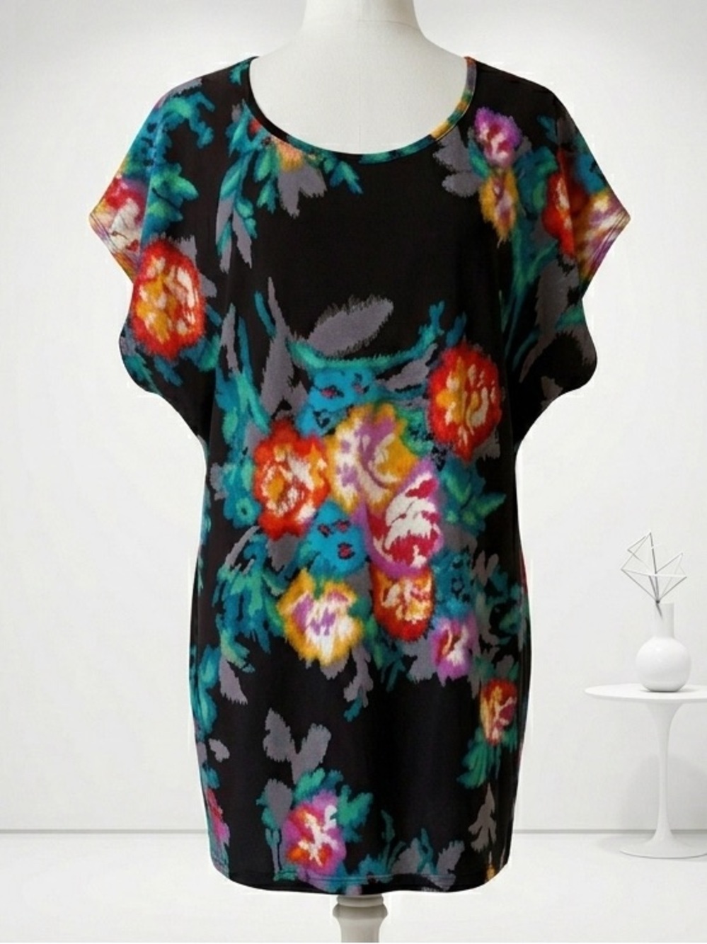 Orion London| Gorgeous Multicolour Abstract Silky Black Tunic Mini Dress Sz XS/S